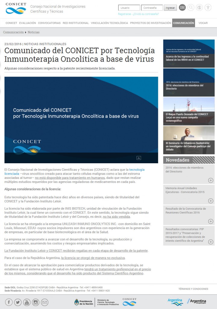 Comunicado del CONICET por Tecnología Inmunoterapia Oncolítica a base de virus