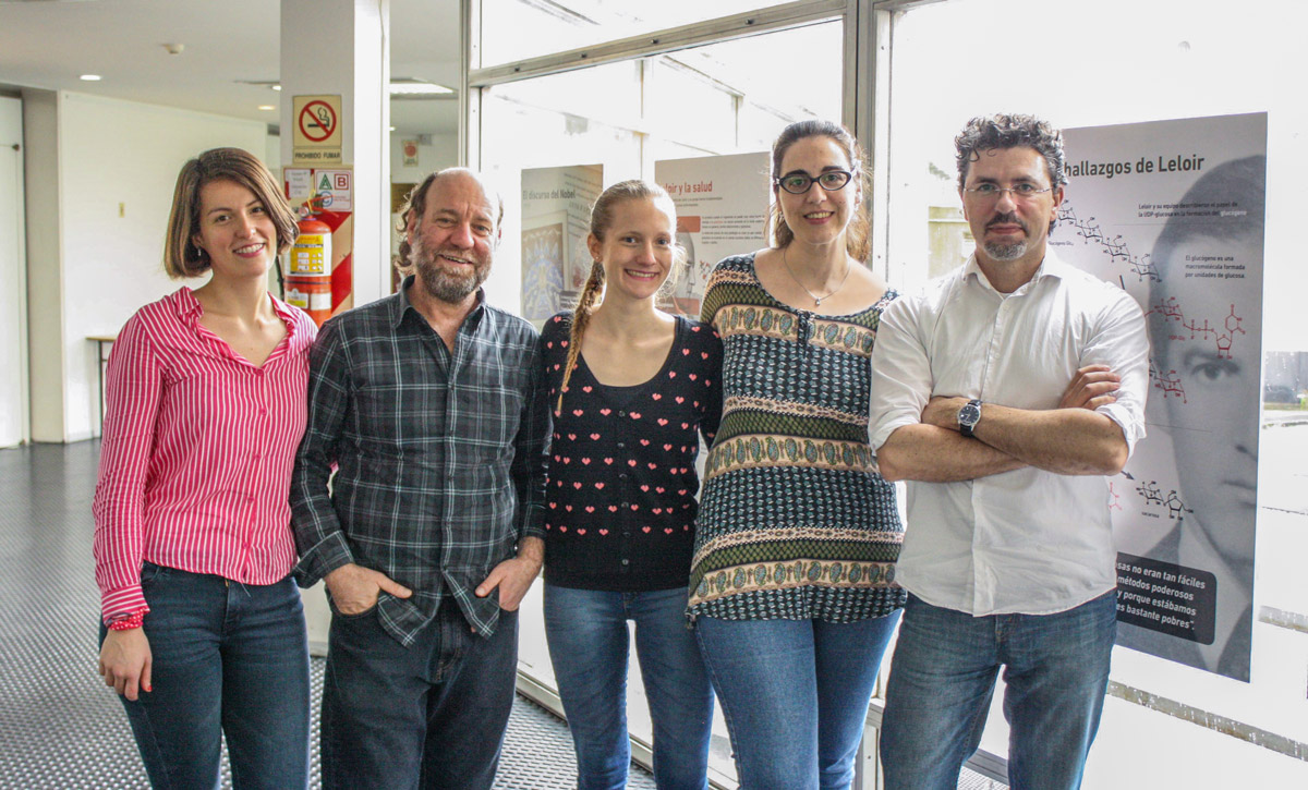 Julio Caramelo (der.), líder del estudio en el Instituto Leloir, con Gabriela Gomez, Paula Couto, Carlos Labriola y Soledad Labanda, también autores del trabajo.